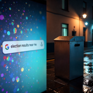Illustration of a split screen showing a Google search bar on one side and a ballot box on the other, symbolizing how Google search results can influence political opinions and elections