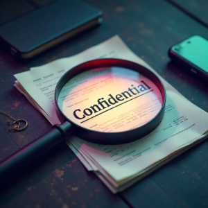 Flat vector illustration showing a confidential document folder with a Google logo, symbolizing leaked internal files and SEO ranking controversies