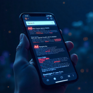 Illustration of a Google search results page crowded with multiple ‘Ad’ labels at the top, pushing organic results below the fold, symbolizing advertiser dominance in search.