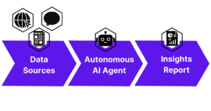 A simple left‐to‐right flowchart with three labeled boxes—“Data Sources” (with icons for a webpage, social media bubble, and news article), “Autonomous AI Agent” (with a brain icon), and “Insights Report” (with a document icon)—connected by rightward arrows.