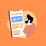 Illustration of a man thoughtfully examining a mobile phone screen displaying a digital ad layout, symbolizing decision-making in programmatic advertising.