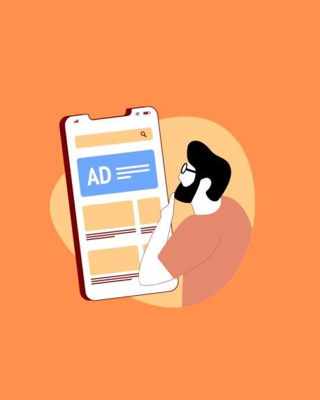 Illustration of a man thoughtfully examining a mobile phone screen displaying a digital ad layout, symbolizing decision-making in programmatic advertising.